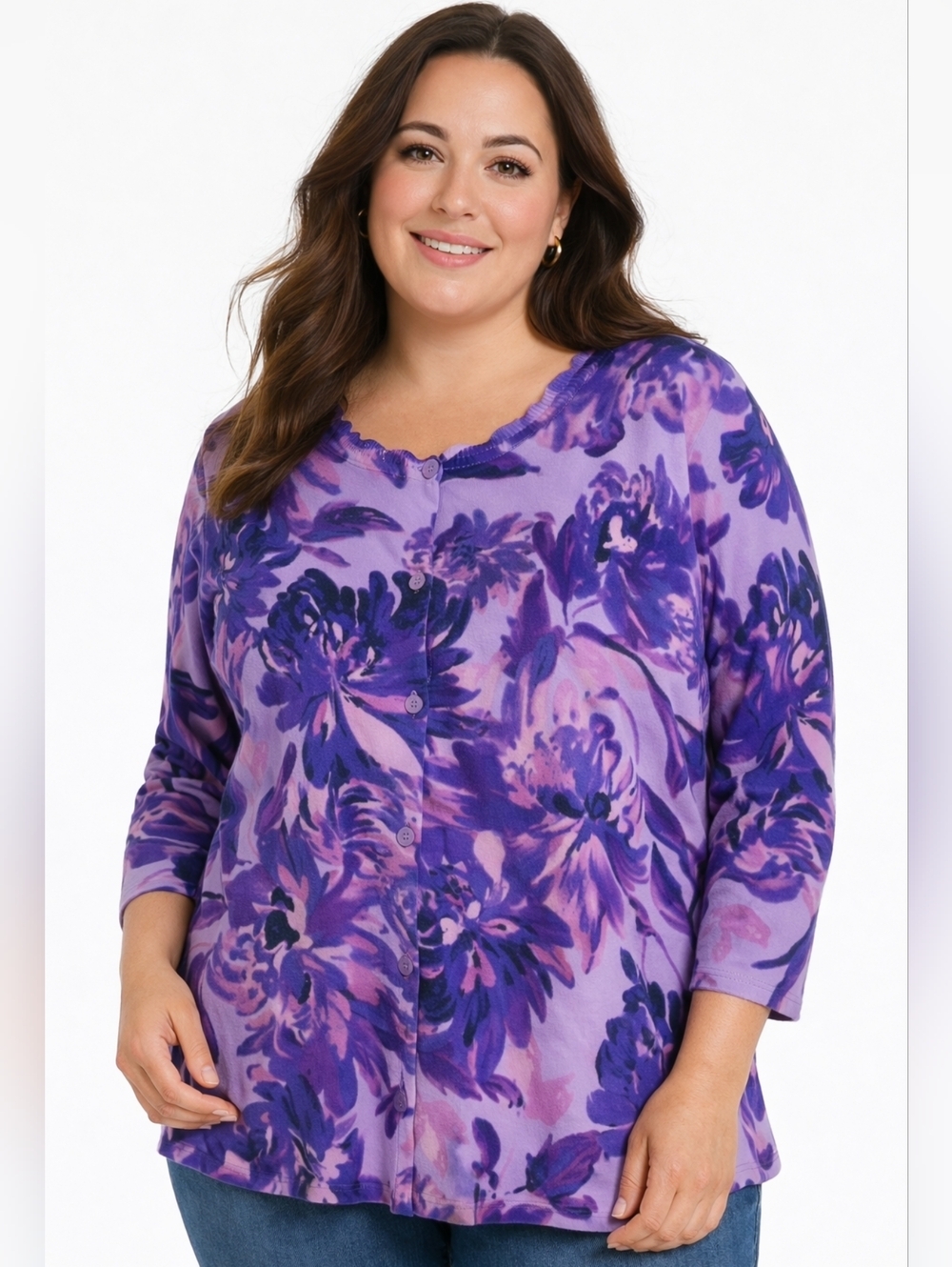 Purple Floral Cardigan Women XL Lavender 3/4 Sleeve QVC France Soft Knit Top